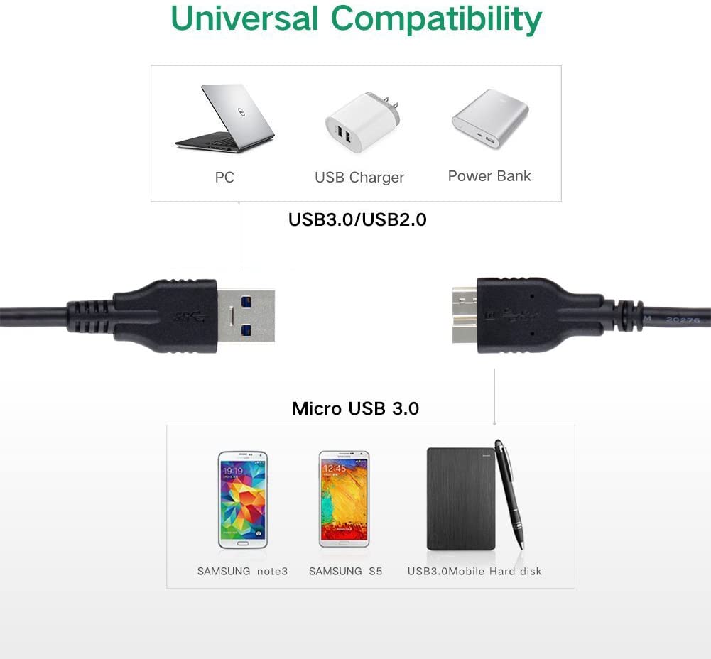 QCEs USB 3.0 Cable, USB 3.0 A Male to Micro B Cable 3.3FT Cord Compatible  with WD My Passport and Elements Portable External Hard Drive, Toshiba